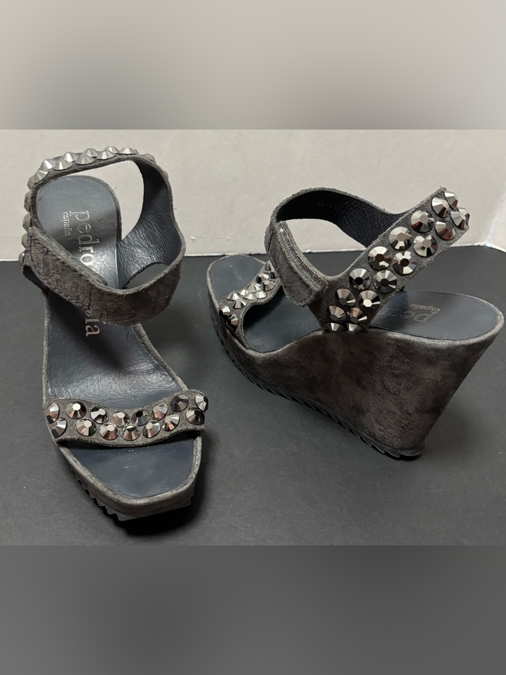 Pedro Garcia Suede Swarovski Crystal Studded Wedge Sandals Size 6.5